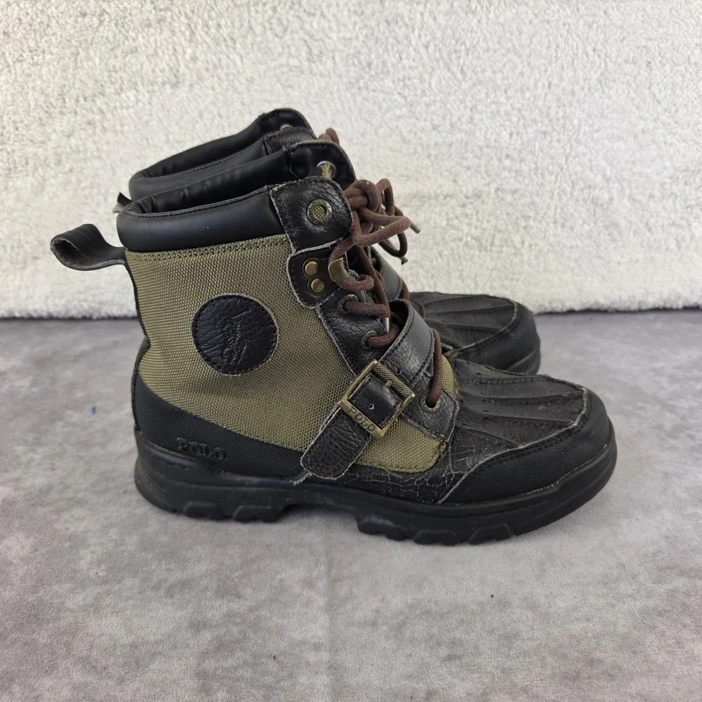Polo Ralph Lauren Boys Duck Boots Black Olive Green Leather Size 3 RF S10428